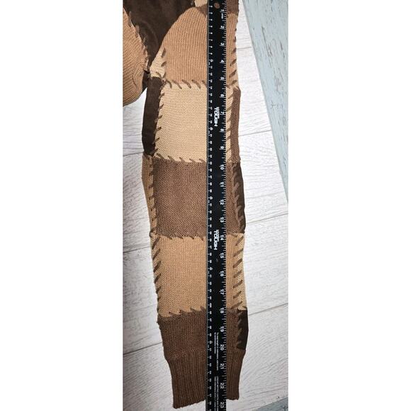 Harolds Linen Cotton Mock Neck Patchwork Sweater Cropped Brown Retro MED 70s Hip - Picture 8 of 11